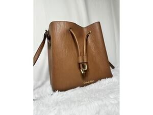 Calvin Klein Brown Leather Bucket Bag with Drawstring